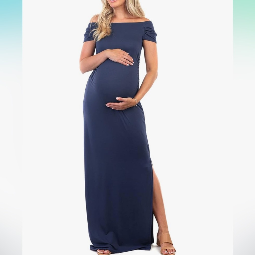 Navy Blue Mother Bee Maternity Short Sleeve Bodycon Dress with Ruched Side Slit